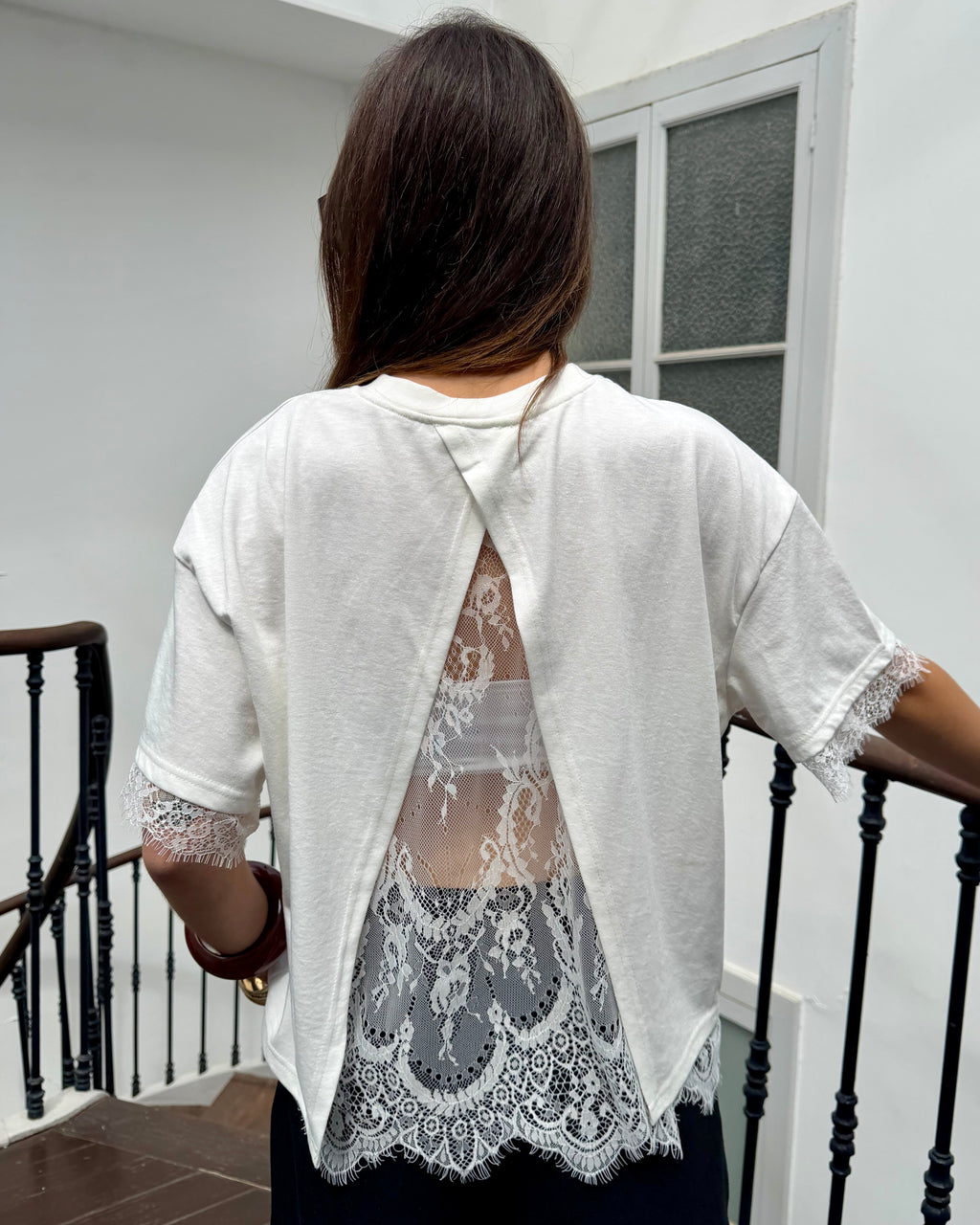 T-shirt dos nu à dentelle blanc