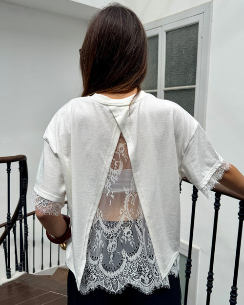 T-shirt dos nu à dentelle blanc