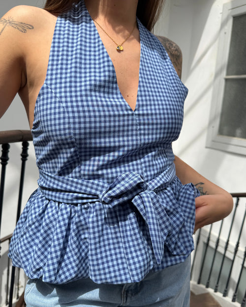 Top dos nu à carreaux bleu