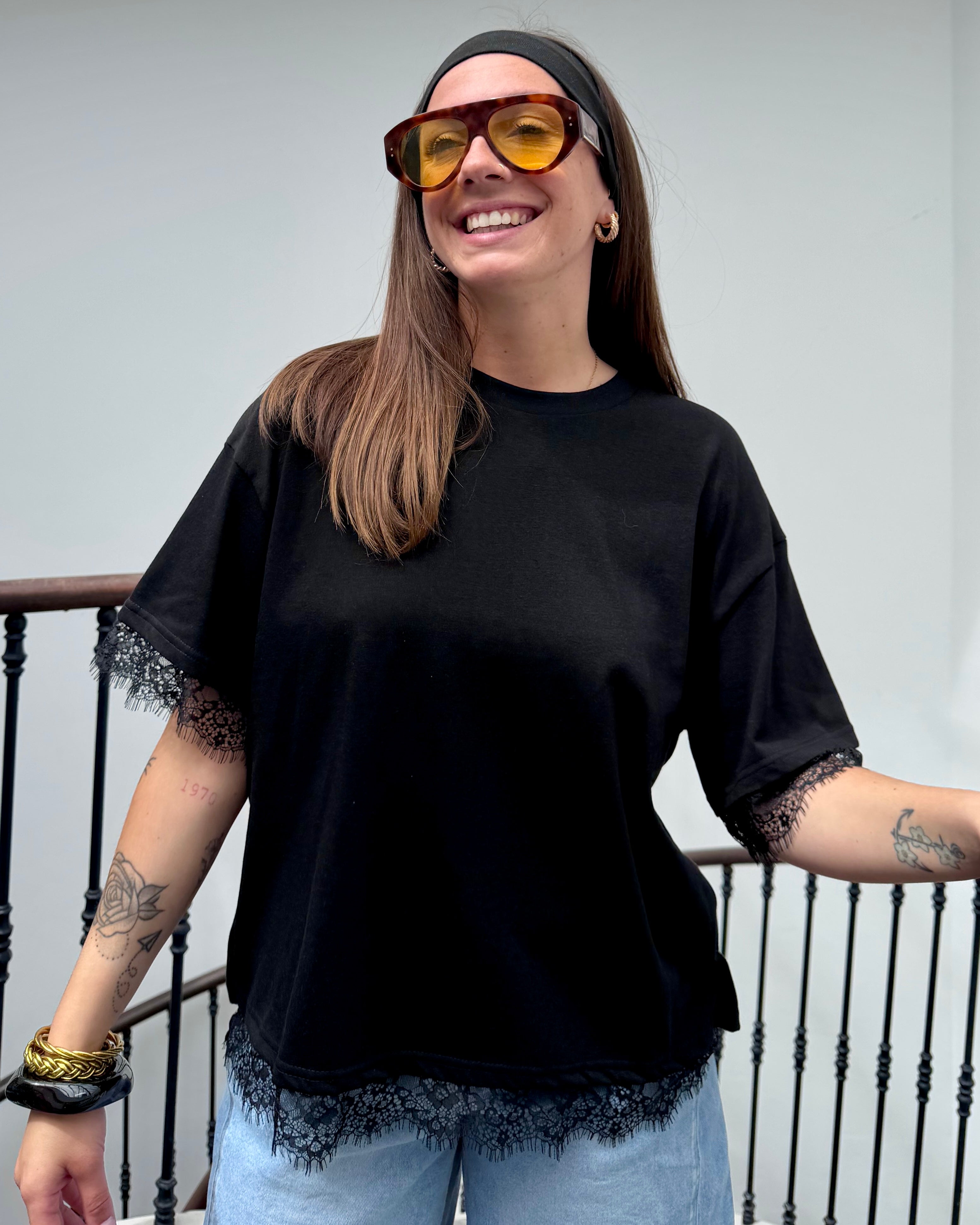 T-shirt dos nu à dentelle noir