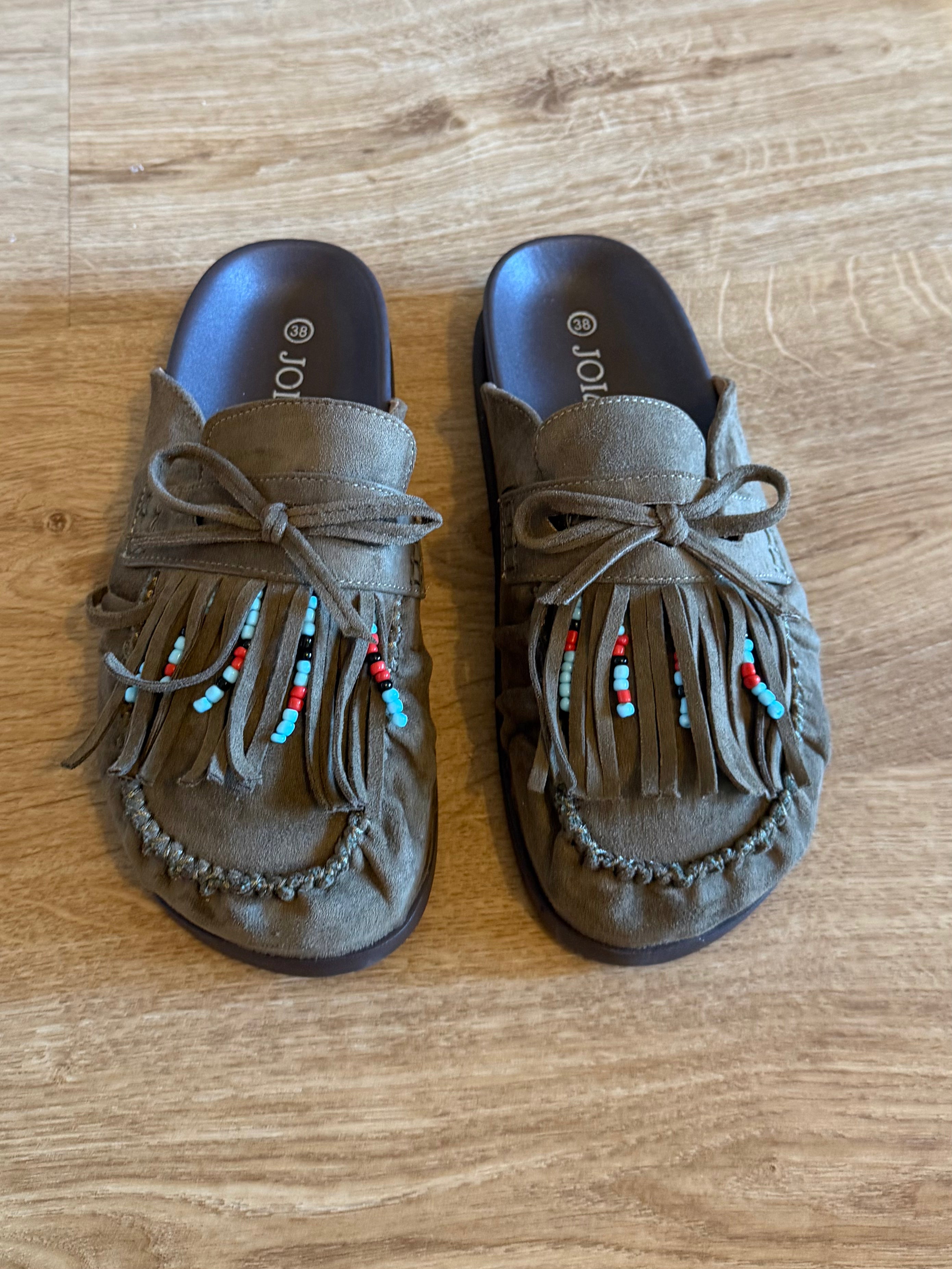 Mules à franges kaki